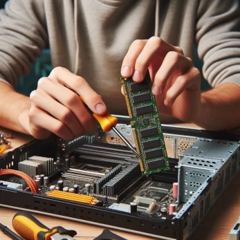 technicien informatique remplaçant une barrette de RAM. La clef digitale intervient dans FRANCONVILLE, le VAL D'OISE, le département 95