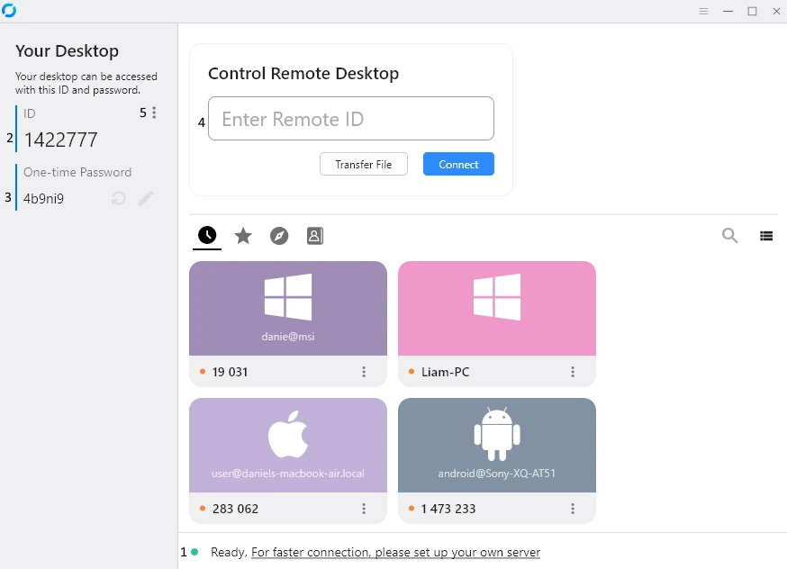 interface du logiciel sécurisé et open source de prise en main à distance RUSTDESK